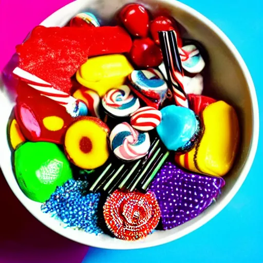 Image similar to pop art candy mix in a bowl of madness