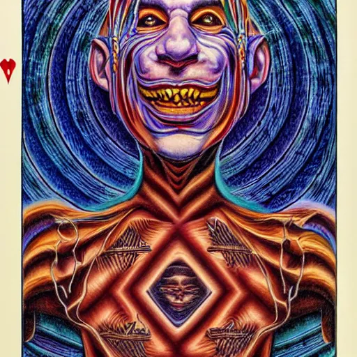 Image similar to Alex Grey artwork of a scheming jester offering a card