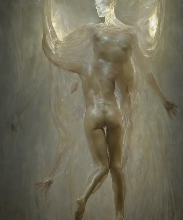 Image similar to Beautiful full-body wax sculpture of a glowing transparent woman with visible golden bones inside room without doors and windows in the singularity where stars becoming baroque folds of dark matter by Michelangelo da Caravaggio, Nicola Samori, William Blake, Alex Grey and Beksinski, dramatic volumetric lighting, highly detailed oil painting, 8k, masterpiece