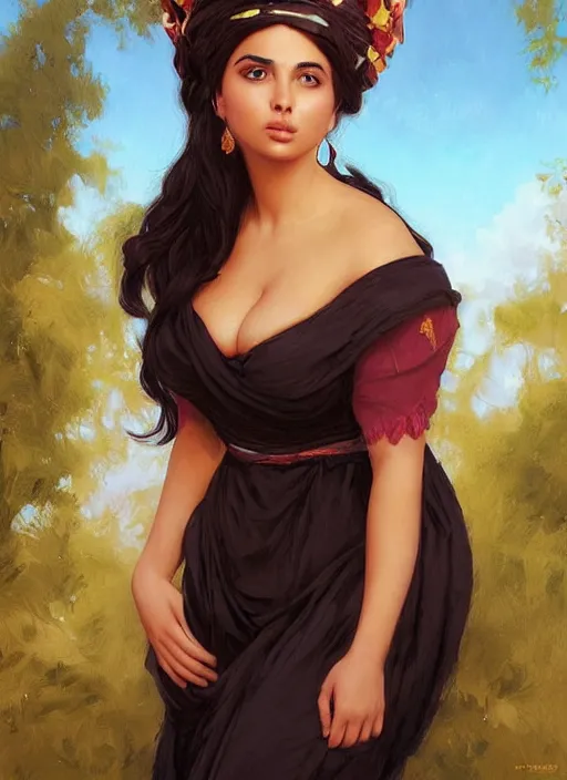 Prompt: portrait of beautiful curvy arab woman with long black hair, front face, tan skin, hourglass figure, round face, slight resemblance to ameera altaweel wearing a frilly disney princess dress headband, beautiful painting by artgerm and greg rutkowski lois van baarle and bouguereau