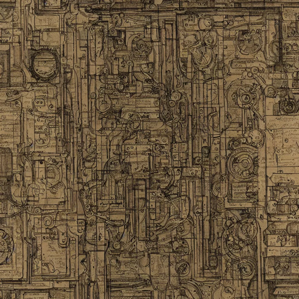 Image similar to close - up on detailed, intricate technical drawings from 1 8 4 0 with extensive written labels and covered in scribbled pencil notes, for a mechanical display attachment to babbage's difference engine, showing a screen playing tetris