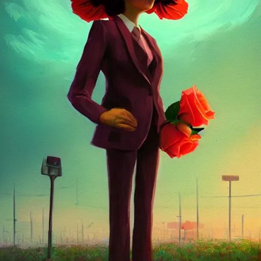 Image similar to closeup, giant rose flower face, frontal, girl in a suit, surreal photography, sunrise, dramatic light, impressionist painting, digital painting, artstation, simon stalenhag