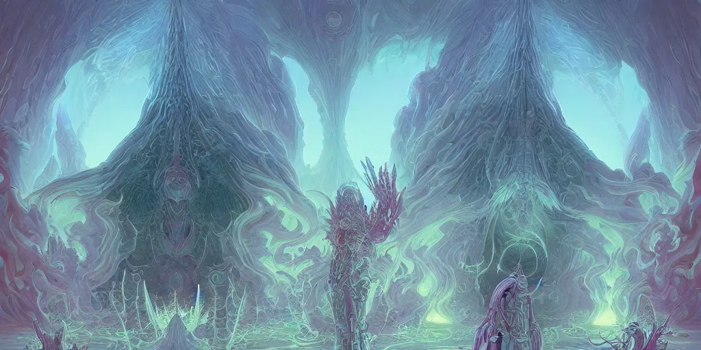 Prompt: ethereal the final boss encounter by jean giraud + beeple + insanely detailed, illustrated by kentaro miura, poster, peter mohrbacher, pastel color, symmetrical