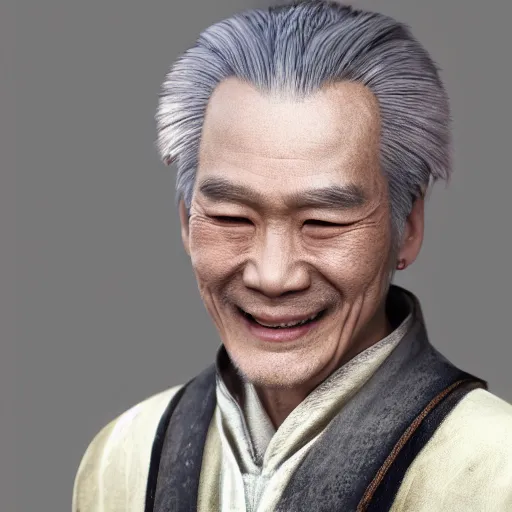 Image similar to portrait painting of a 6 0 year old smile handsome taoist priest, silver ponytail hair, amiable by yangjun chen, huang guangjian, fenghua zhong, wenjun lin, nadar, bright colors, octopath traveler, unreal engine 5 highly rendered, global illumination, radiant light, detailed and intricate environment