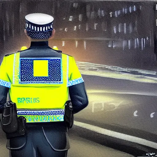 Prompt: A British police officer wearing hivis at night, highly detailed, ambient lighting, trending on art station