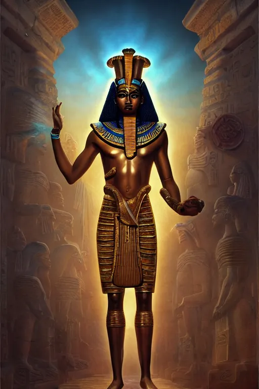 Image similar to egypt god osiris, god of the underworld, highly detailed, d & d, fantasy, highly detailed, digital painting, trending on artstation, concept art, sharp focus, illustration, global illumination, ray tracing, realistic shaded, art by artgerm and greg rutkowski and fuji choko and viktoria gavrilenko and hoang lap, sunny