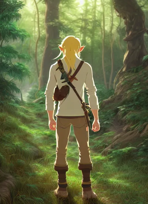 Prompt: young man with long blond hair, from behind, lost in a forest, natural lighting, path traced, highly detailed, high quality, digital painting, by don bluth and ross tran and studio ghibli and alphonse mucha, artgerm, breath of the wild