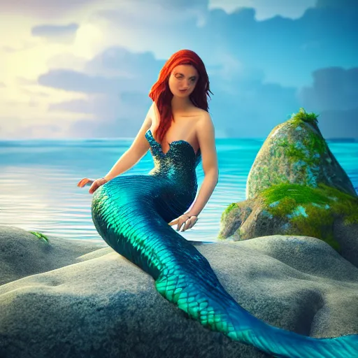 Image similar to mermaid on an island, highly detailed, photorealistic portrait, bright studio setting, studio lighting, crisp quality and light reflections, unreal engine 5 quality render