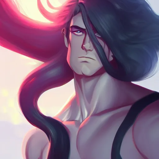 Prompt: buffed guy with long white hair and horn, red eye makeup, style of makoto shinkai and artgerm and loish, dynamic lighting trending on artstation
