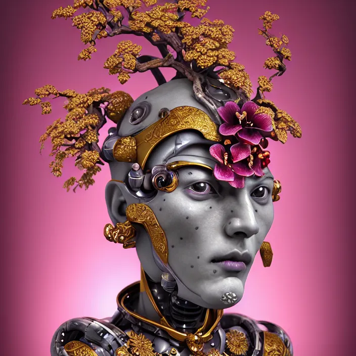 Image similar to ceramic cyborg, Kakiemon design with plums and stylized flowers in glaze and gilding, diffuse lighting, fantasy, intricate, elegant, highly detailed, lifelike, photorealistic, digital painting, artstation, illustration, concept art, smooth, sharp focus, art by John Collier and Albert Aublet and Krenz Cushart and Artem Demura and Alphonse Mucha