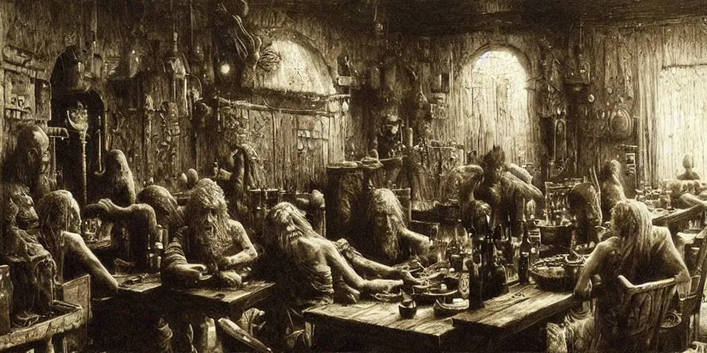 Image similar to busy tavern scene by Beksinski, Luis Royo