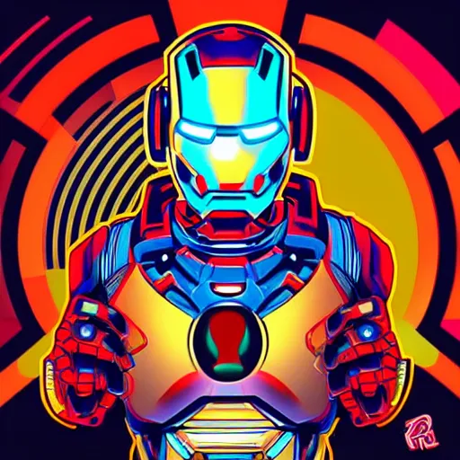 Image similar to artgerm, psychedelic laughing cybertronic ironman, rocking out, headphones dj rave, digital artwork, r. crumb, svg vector