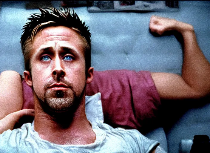 Prompt: film still of Ryan Gosling as Tyler Durden in Fight Club 1999