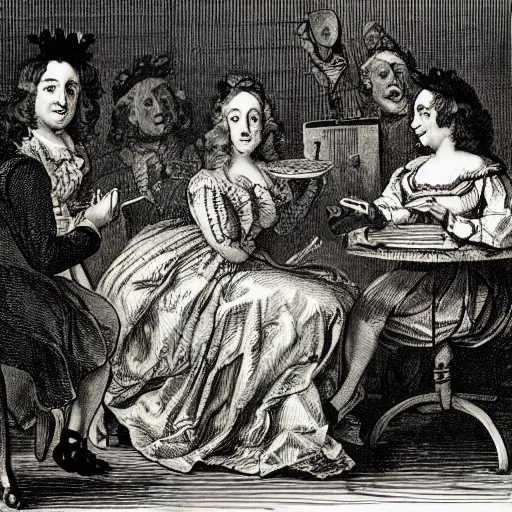 Prompt: Satirical illustration of coquette by William Hogarth, crosshatching
