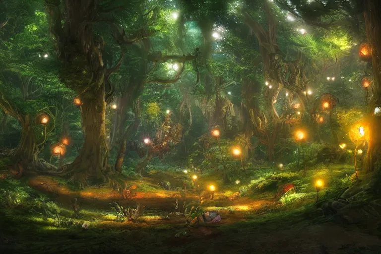 Prompt: fairy kingdom forest, miyazaki, nausicaa, ambient lighting, intricate, hyper detailed, smooth, dynamic volumetric lighting, cinematic, high quality, high resolution, 4 k