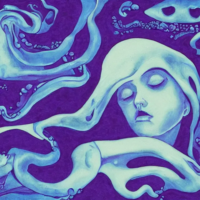 Image similar to a female art student falling asleep, iceberg, dark, sensual, dreamy, waves, swirls, violet drips, fish, blueberries, octopus, neo - impressionist, surrealism