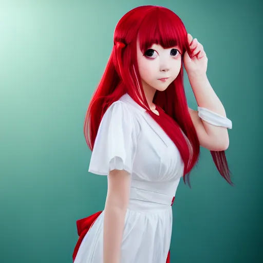 Prompt: very detailed photo of anime girl cosplayer wearing white and red dress, studio photo, anatomically correct, pretty face, UHD, 8k