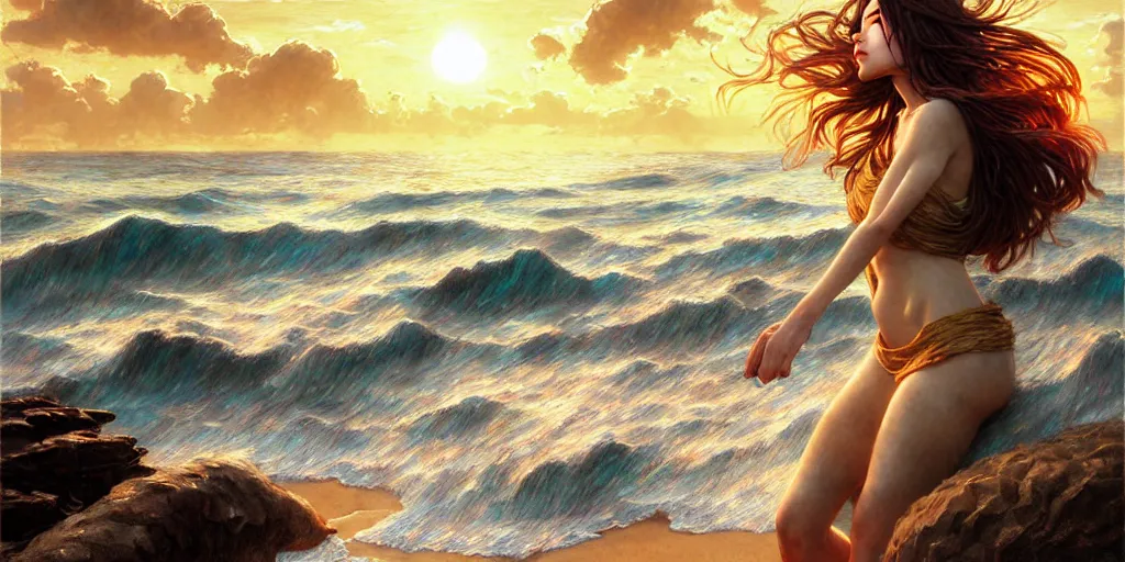 Image similar to ! dream photorealistic long shot of big sun rough sea and jagged rocks nets, plastic bottles, garbage, sand and sea, golden hour, dark beautiful goddess on the beach, fantasy, atmospheric, hyper realistic, artstation, art by artgerm and sangsoo jeong and john william waterhouse