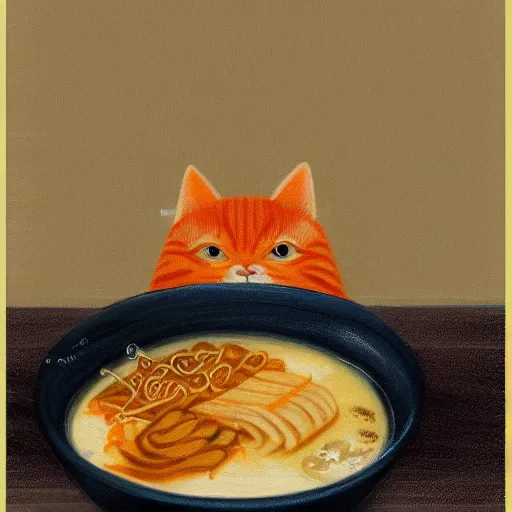 Image similar to Fat, cute orange cat in a suit eating ramen, busy restaurant, close up, ukyio-e, painting by Koson Ohara, details, 4K, 8K