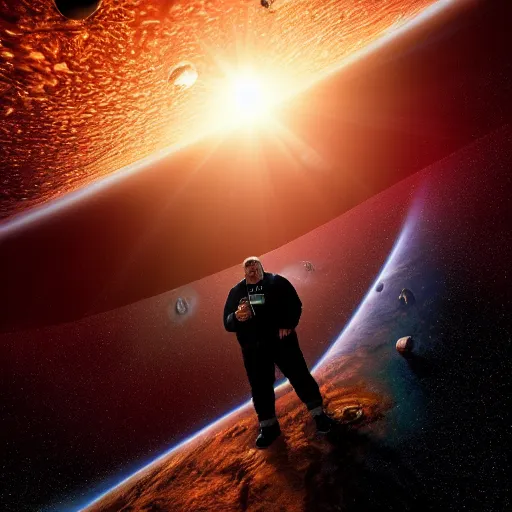 Prompt: man as big as the solar system standing in space, next to the sun, hyperrealistic photo, intricate, 8k highly professionally detailed, HDR, CGsociety