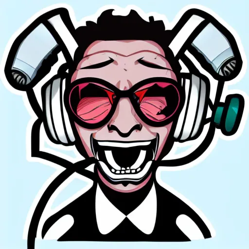 Image similar to svg vector sticker of absolutely insane-mad-scientist-villain, rocking out, wearing headphones, huge speakers, dancing, rave, DJ, spinning records, digital art, amazing composition, rule-of-thirds, award-winning, trending on artstation, featured on deviantart