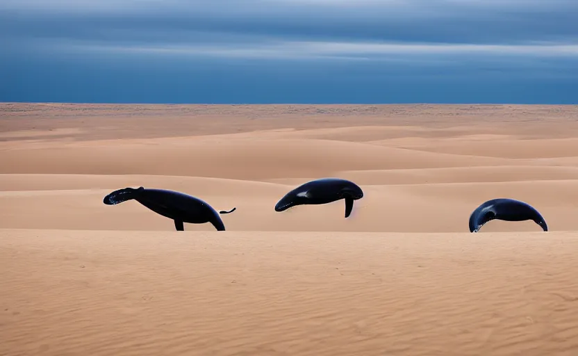 Image similar to standing whales in sand dunes, photography