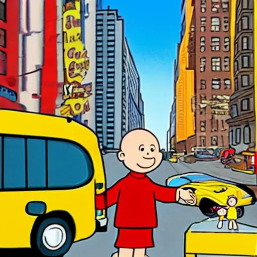 Image similar to curious george caillou cartoon in the big city. new york city concrete jungle.