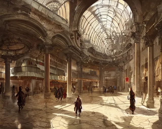 Prompt: a mall in the style of medieval roman constantinople, art by greg rutkowski and artgerma, stunning concept art, interior design architecture