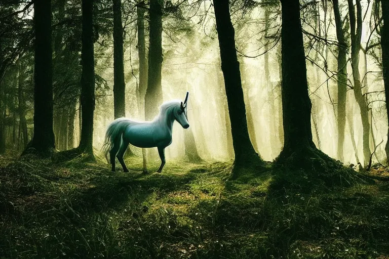 Prompt: beautiful unicorn in the forest evening natural lighting by Emmanuel Lubezki