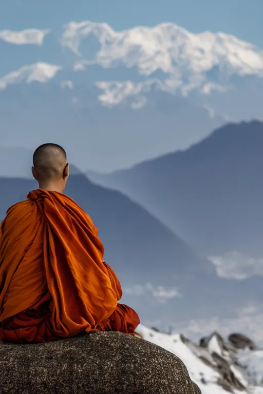 Prompt: A monk with his back to the camera sits beside a rock on a distant top of the mountain, looking at the snowy Himalayas in the distance, faith,4k, realistic,photography,landscape,high contrast,ISO100,EF200,trending on artstation.