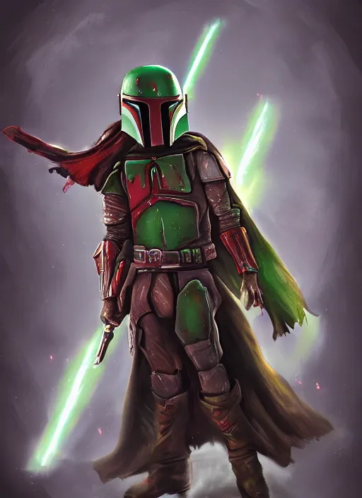 Image similar to arcane wizard x boba fett, digital art, character mashup, epic volumetric lighting, combination art