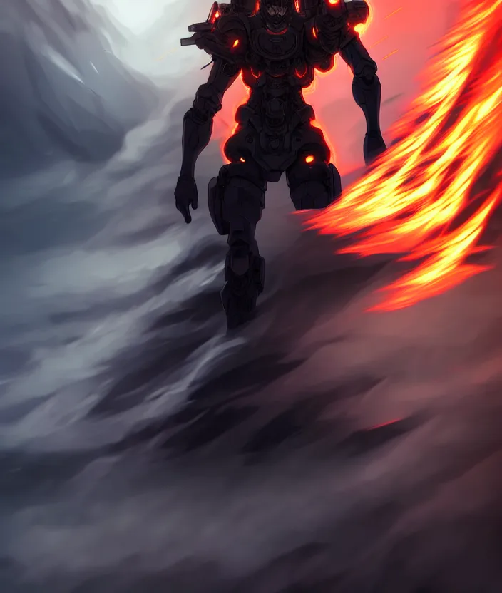 Image similar to a detailed manga illustration character full body portrait of a dark haired cyborg anime man shrouded in clouds of dark smoke and fire, trending on artstation, digital art, 4 k resolution, detailed, high quality, sharp focus, hq artwork, insane detail, concept art, character concept, character illustration, full body illustration, cinematic, dramatic lighting