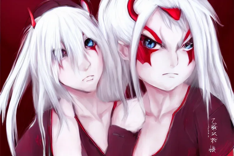 Image similar to white hair, red eyes, two small horns on the head, anime style, anime girl, sketch