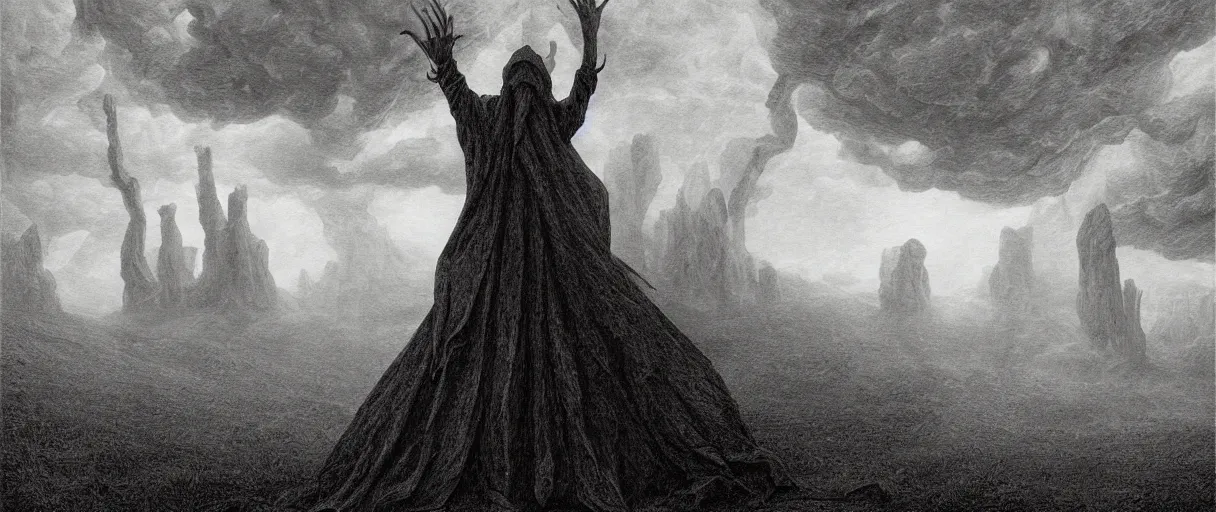 Prompt: an engraving portrait of nyarlathotep, lovecraftian atmosphere, caspar david friedrich, foggy, depth, strong shadows, stormclouds, illuminated focal point, highly detailed