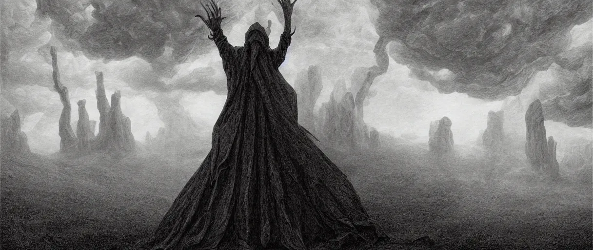 Image similar to an engraving portrait of nyarlathotep, lovecraftian atmosphere, caspar david friedrich, foggy, depth, strong shadows, stormclouds, illuminated focal point, highly detailed