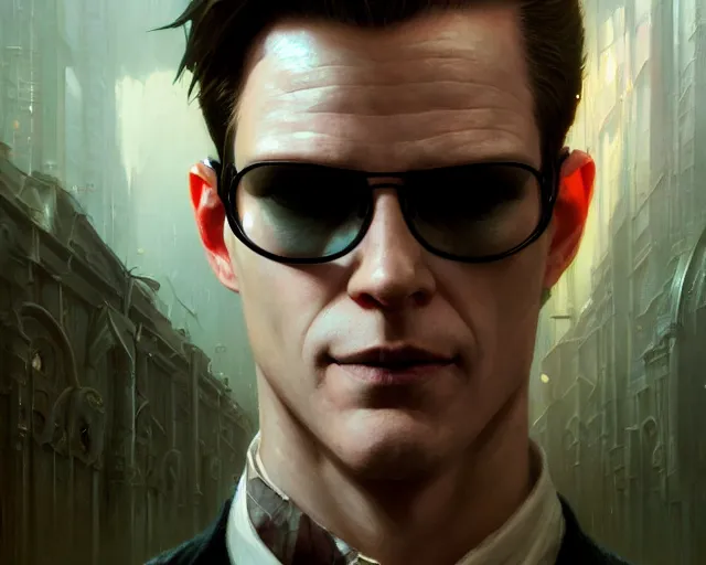 Image similar to highly detailed portrait of albert wesker, in the matrix, stephen bliss, unreal engine, fantasy art by greg rutkowski, loish, rhads, ferdinand knab, makoto shinkai and lois van baarle, ilya kuvshinov, rossdraws, tom bagshaw, global illumination, radiant light, detailed and intricate environment