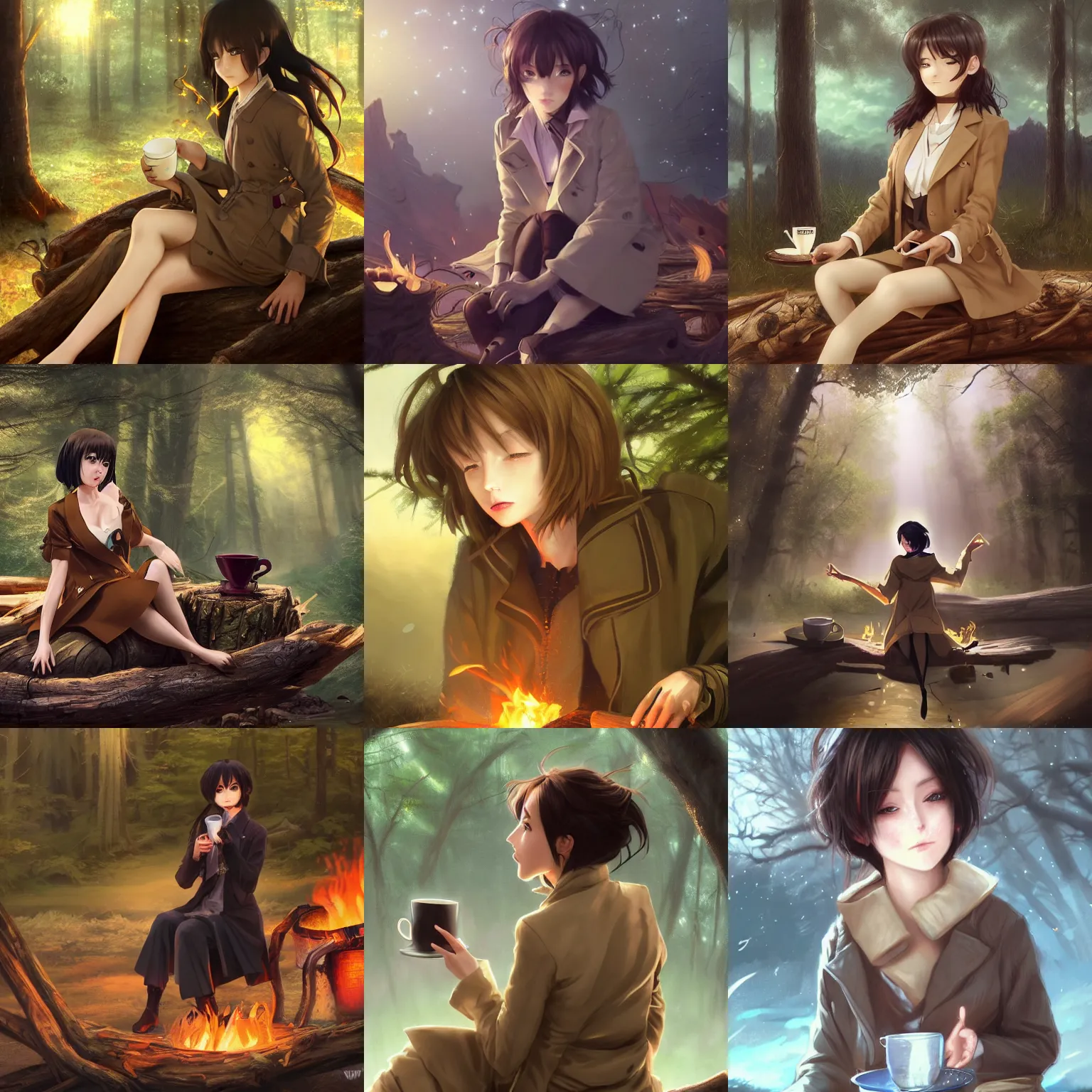 Prompt: A Houdini 3d VFX anime girl by WLOP with short black hair and green eyes in a tan trenchcoat sitting on a log and drinking tea by the campfire by her motorcycle at night under the stars, evocative, mystical night, very very very very detailed, award winning, masterpiece digital painting by Greg Rutkowski, Alex Grey, artstation, 4k wallpaper