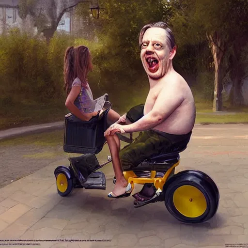 Prompt: hyper realistic absurd, silly, making faces, obese steve buscemi riding a tiny tricycle, painted by greg rutkowski, wlop, artgerm