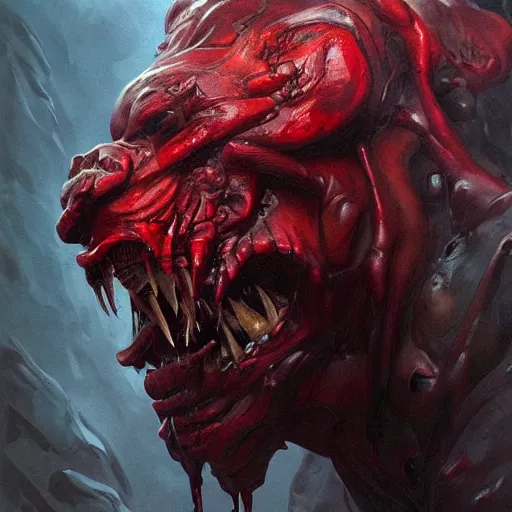 Prompt: Dark Fantasy Painting of a muscular red beast face with saliva and drool dripping from its mouth, creepy, unsettling, horror, upper body, intricate, wild, highly detailed, digital painting, artstation, concept art, smooth, sharp focus, illustration, art by artgerm and greg rutkowski and alphonse mucha