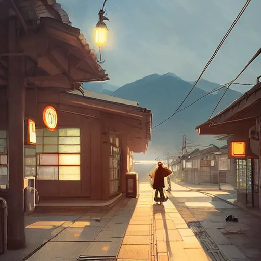 Image similar to walking around ozu city and shimonad station, ehime, japan. volumetric lighting, hot summer evening, golden hour, realistic illustration, perfectly shaded, soft painting, art by krenz cushart and wenjun lin