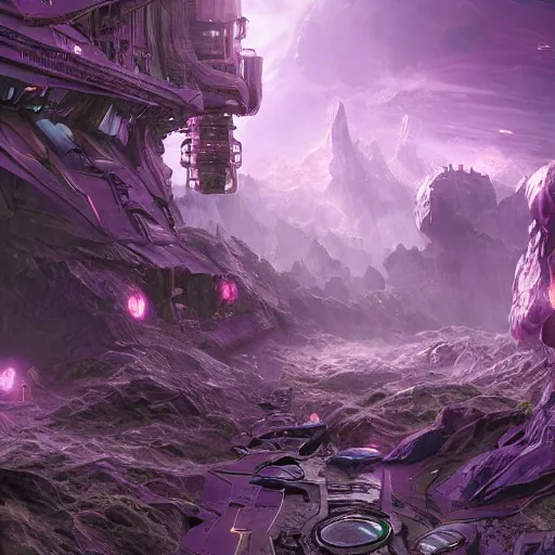 Image similar to sci fi, fantasy, hyper detailed, purple, rendered, unreal engine, concept art