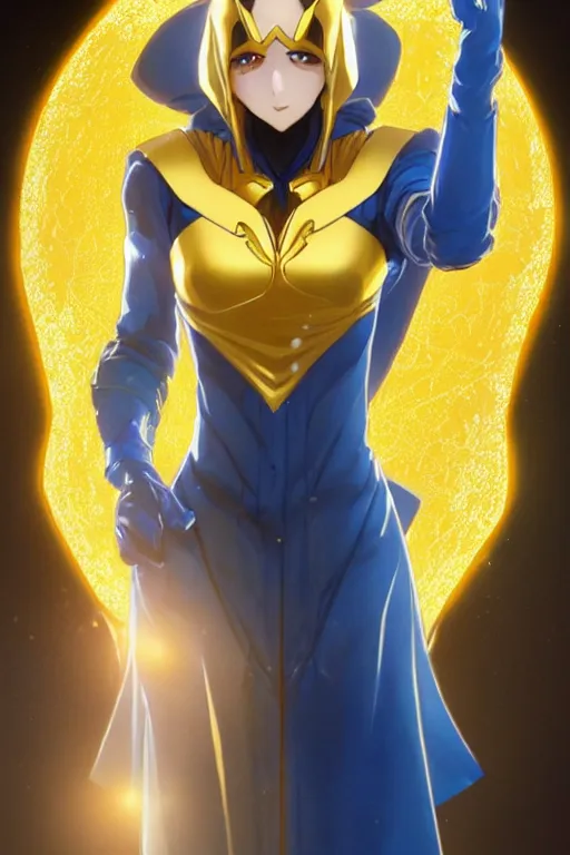 Image similar to anime key visual of a beautiful young female doctor fate!! intricate, gold and blue suit, cape, glowing, powers, dc comics, cinematic, stunning, highly detailed, digital painting, artstation, smooth, hard focus, illustration, art by artgerm and greg rutkowski and alphonse mucha