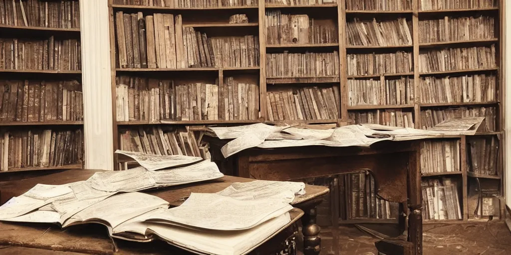 Prompt: a desk with maps and old books sitting in an old study that is dusty with cobwebs all over the surrounding bookshelves