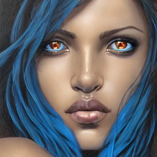 Prompt: closeup on the all blue colored eyes of a beautiful brown - skin woman, intricate, elegant, highly detailed, smooth, sharp focus, full body, detailed face, high contrast, art by ardian syaf,