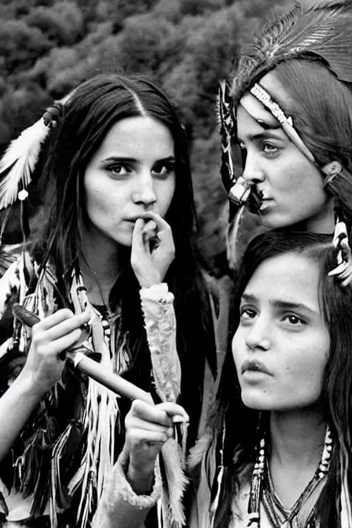 Image similar to photo of two native american indian woman's : emma watson and angelina jolie smoking a pipe of peace, portrait, skilled warrior of the apache, ancient, realistic, detailed