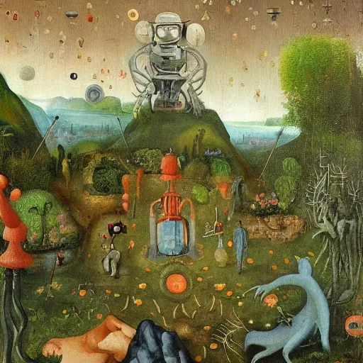 Image similar to the garden of AI delights, Bosch, oil painting, scifi