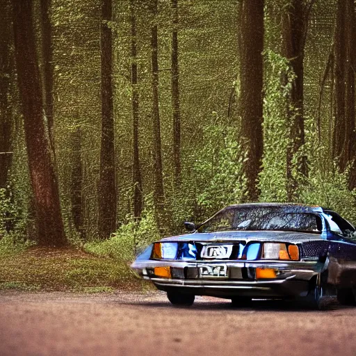 Prompt: stained old picture of an Audi 80 B4 driving in the forest at daytime, photography, framed