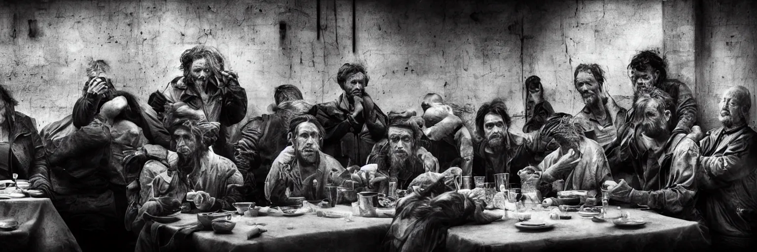 Image similar to Award Winning Editorial wide-angle picture of a Tramps in a new York Soup Kitchen by David Bailey and Lee Jeffries, called 'The Last Supper', 85mm ND 5, perfect lighting, gelatin silver process