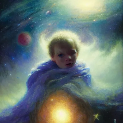 Image similar to a lonley and gloomy baby in middle of space surrounded by colorful stars planets and galaxies, high detail, by gaston bussiere, bayard wu, greg rutkowski, odd nerdrum, maxim verehin, dan dos santos, masterpiece, sharp focus, cinematic lightning