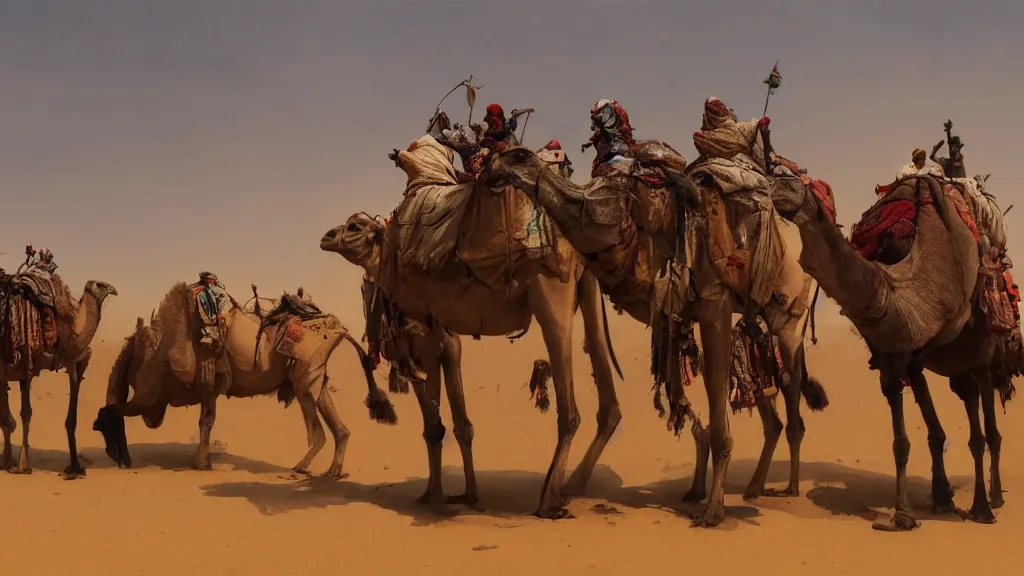 Image similar to view of arabian merchants riding camels in the desert, watercolored, jakub rozalski, dark colours, dieselpunk, artstation